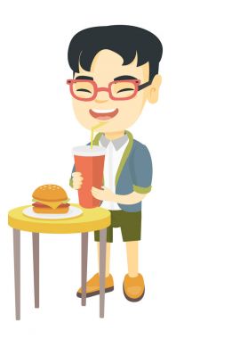 Soda içme ve çizburger yeme küçük çocuk.