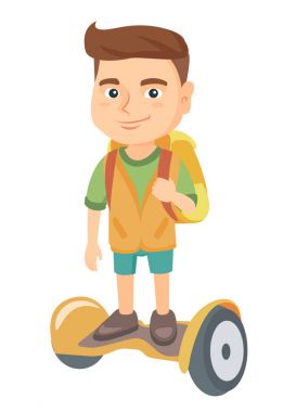 Beyaz okul çocuğu okula gyroboard üzerinde sürme.