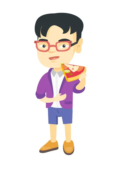 Азиатский мальчик ест вкусную пиццу . — стоковый вектор