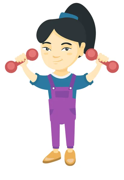 Little smiling asian girl holding dumbbells. — Stock Vector