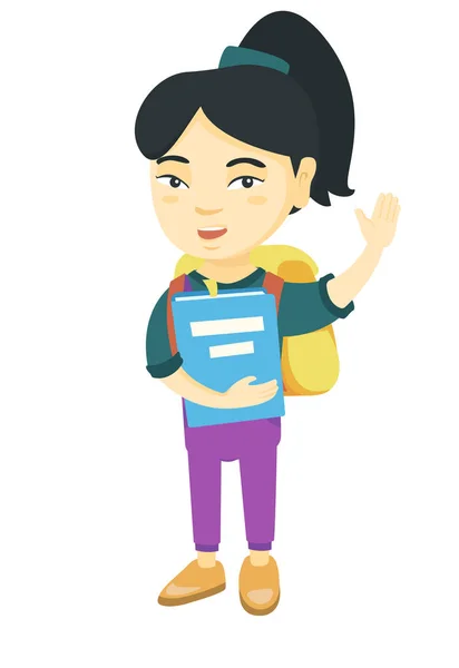 Schoolgirl holding a book and waving his hand. — Stock Vector