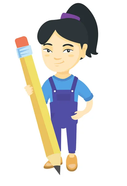 Asiatische Kind Mädchen stehen mit einem riesigen Bleistift. — Stockvektor