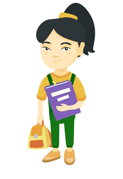 Alumno asiático con mochila y libro de texto . — Vector de stock
