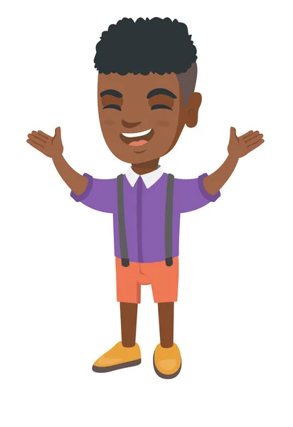 Ευτυχισμένο αγόρι αφρικανικό στέκεται με υψωμένα τα χέρια. — Διανυσματικό Αρχείο