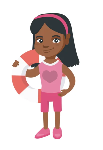 Little african girl holding a red-white lifebuoy. — Stock Vector