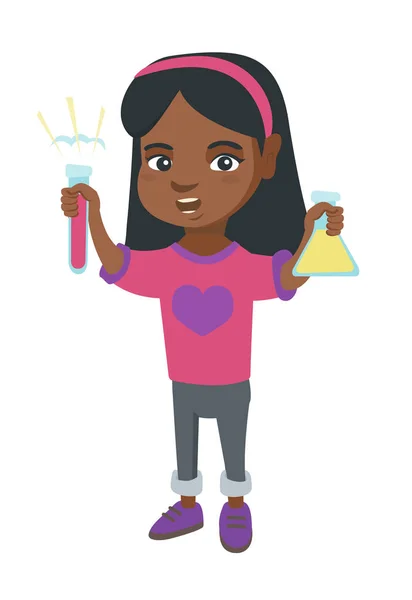 Little african girl holding test tube and beaker. — Stock Vector
