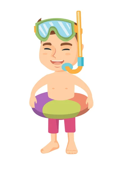 Niño con anillo inflable, máscara de buceo y snorkel . — Vector de stock