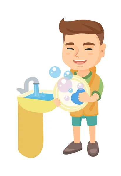 Καυκάσιος αγοράκι πλύσιμο των πιάτων στο νεροχύτη. — Διανυσματικό Αρχείο