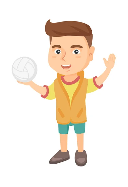 Piccolo ragazzo caucasico con in mano una pallavolo . — Vettoriale Stock