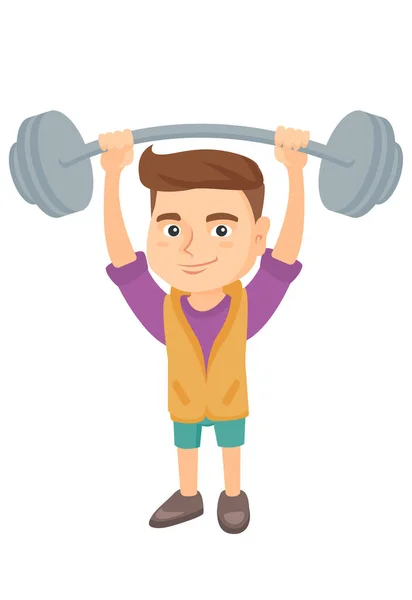 Strong caucasian boy lifting heavy weight barbell. — Stock Vector