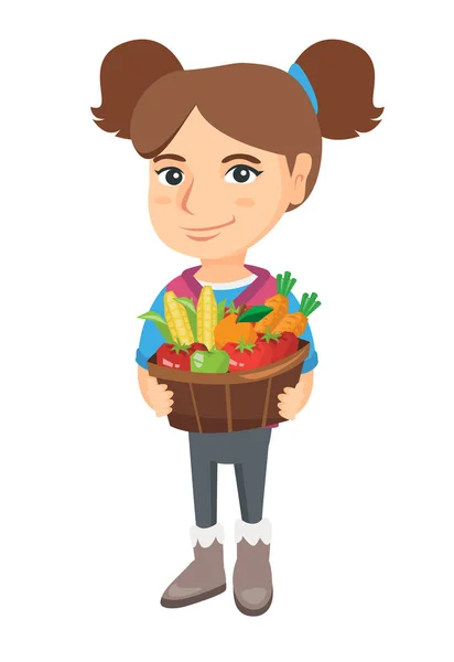 女孩抱着篮子里的水果和蔬菜. — 图库矢量图片