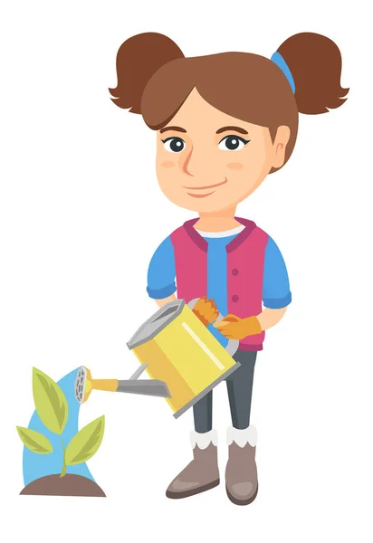 Caucasian girl watering plant with a watering can. — Stock Vector
