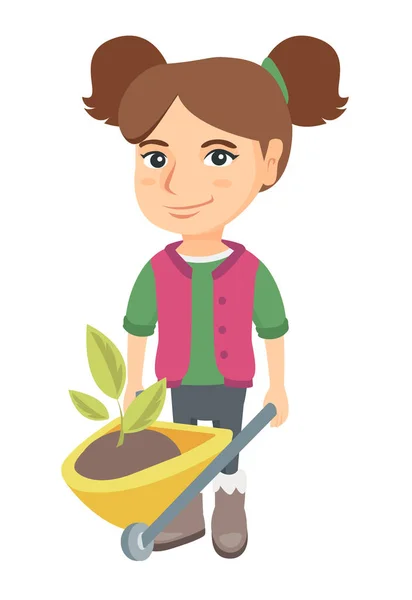 Girl pushing wheelbarrow with soil and plant. — Stock Vector