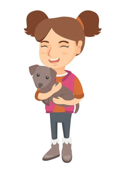 Caucasiano menina feliz segurando um cão . — Vetor de Stock