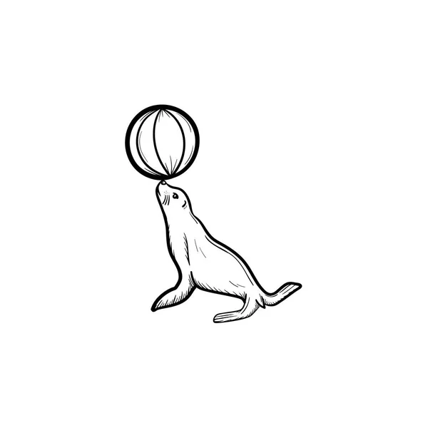 Sello jugando con la bola dibujado a mano icono de boceto . — Archivo Imágenes Vectoriales