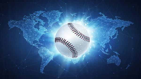 Balle de baseball volant sur fond de carte du monde . — Photo