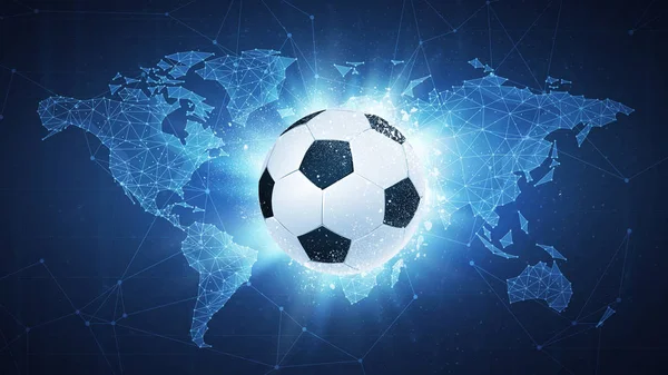 Calcio pallone da calcio volare su sfondo mappa . — Foto Stock