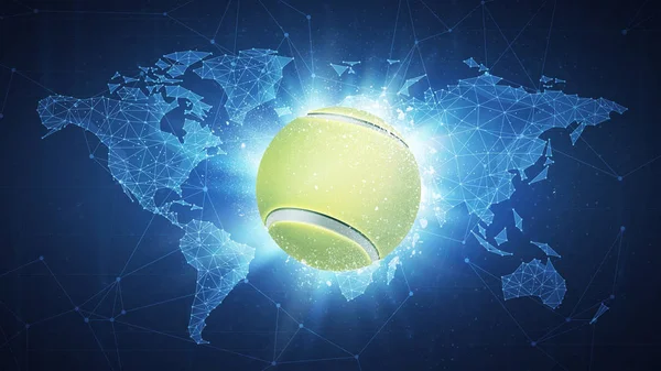 Tennis Ball volant sur fond de carte du monde . — Photo