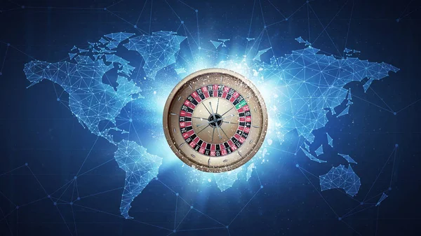 Casino roulette flying on world map background. — Stock Photo, Image