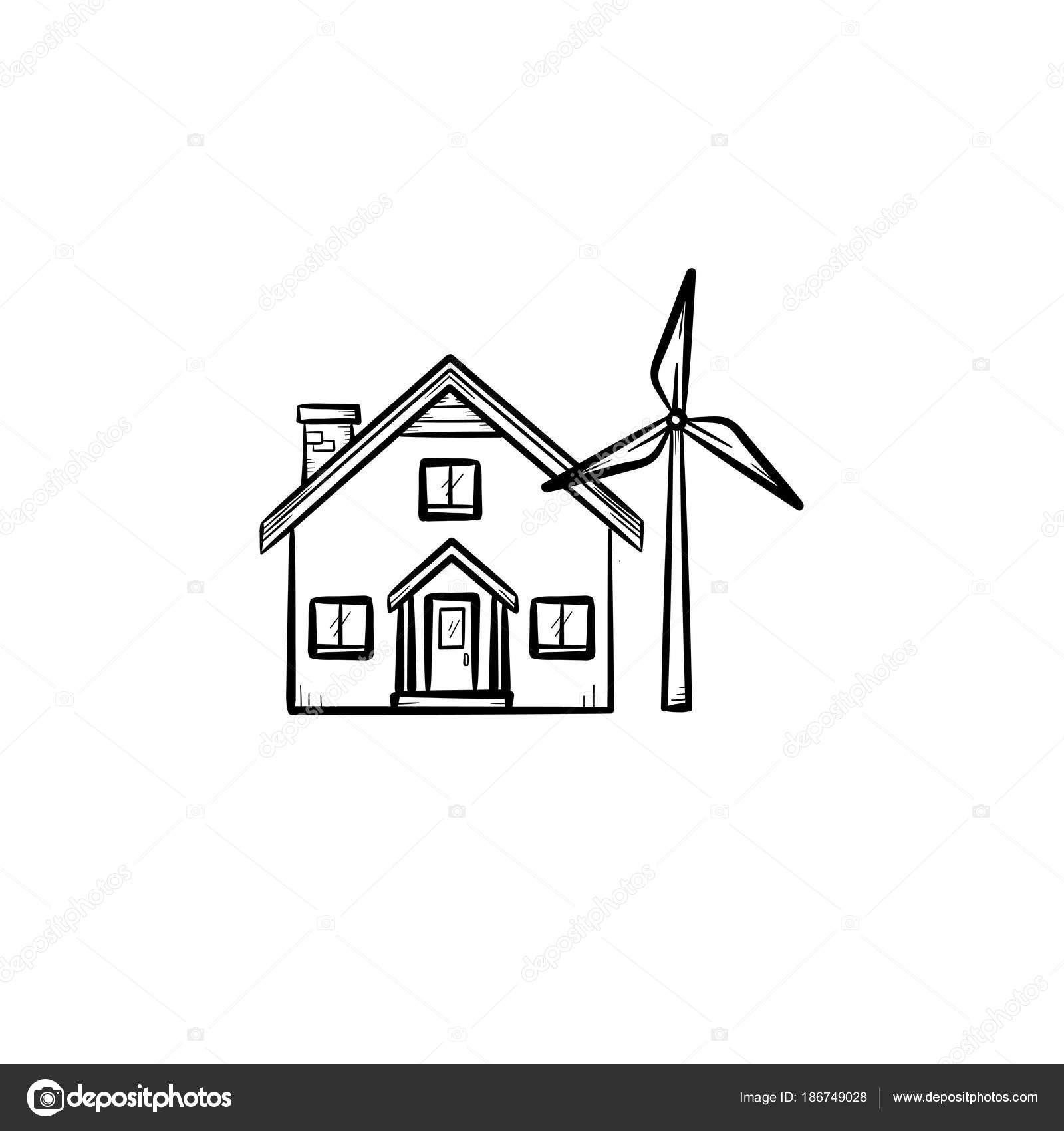 Hus med vind generator håndtegnet ikon Stock Vector by 186749028