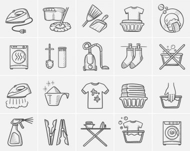 Çamaşırhane elle çizilmiş kroki Icon set.