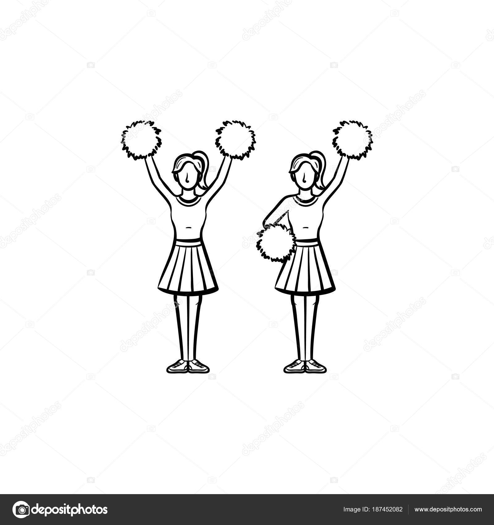 Cheerleader women with pom-pom hand drawn icon. Stock Vector Image by