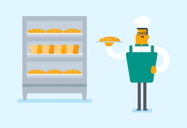 Bir tepsi ile ekmek tutan genç beyaz baker.