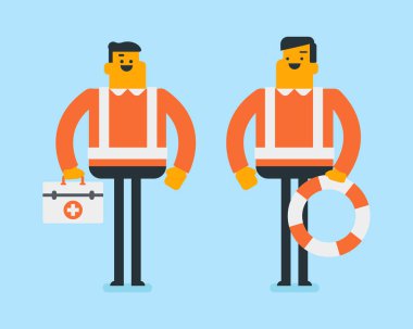 Beyaz doktorlarla ilk yardım kutusu ve lifebuoy.