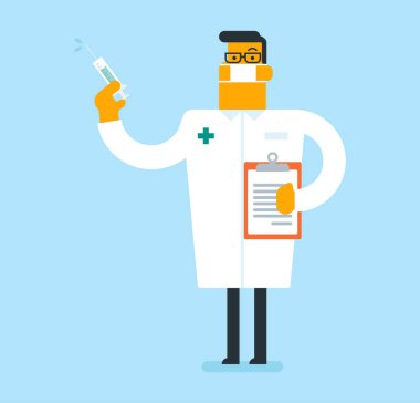 Beyaz doktor aşı bir şırınga tutarak.