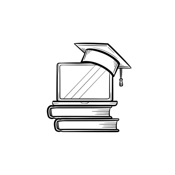 Casquette de graduation sur livre et ordinateur portable icône dessinée à la main . — Image vectorielle