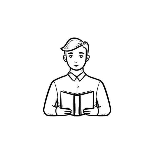 Ученик, читающий книгу, нарисованную иконкой . — стоковый вектор