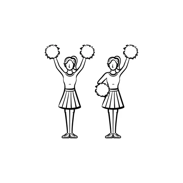 Cheerleader donne con pom-pom icona disegnata a mano . — Vettoriale Stock