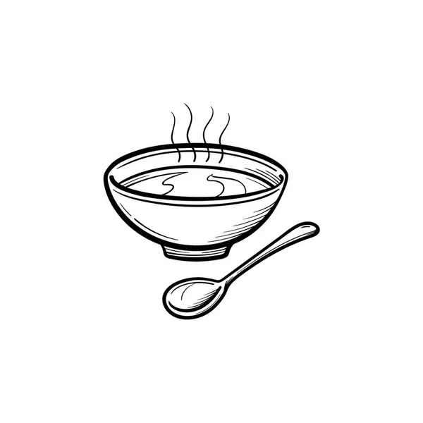 Misku polévky s lžící ručně tažené skica ikony. — Stockový vektor