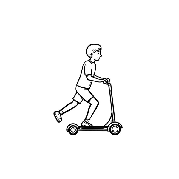 Garçon chevauchant un coup de pied scooter dessiné à la main icône croquis . — Image vectorielle