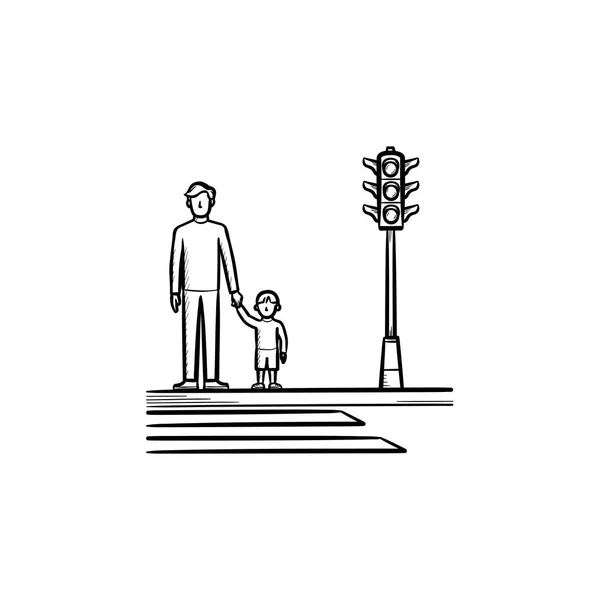 Barn och förälder som korsar en trottoar skiss ikon. — Stock vektor