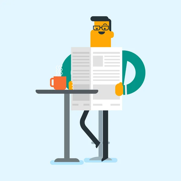 Homem lendo um jornal e bebendo café . — Vetor de Stock