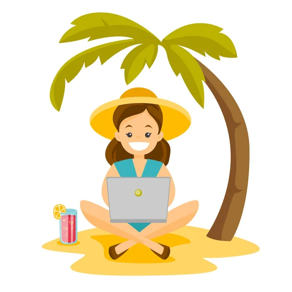 Femme d'affaires travaillant sur un ordinateur portable sur la plage . — Image vectorielle