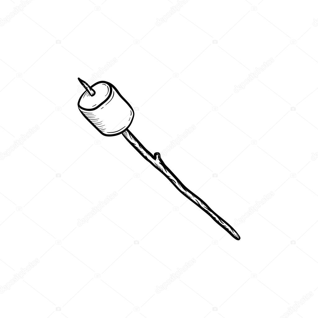 Marshmallow on stick hand drawn sketch icon.