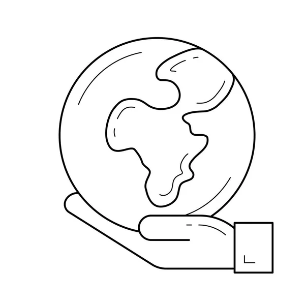 Mano sosteniendo el icono de línea vectorial globo . — Vector de stock