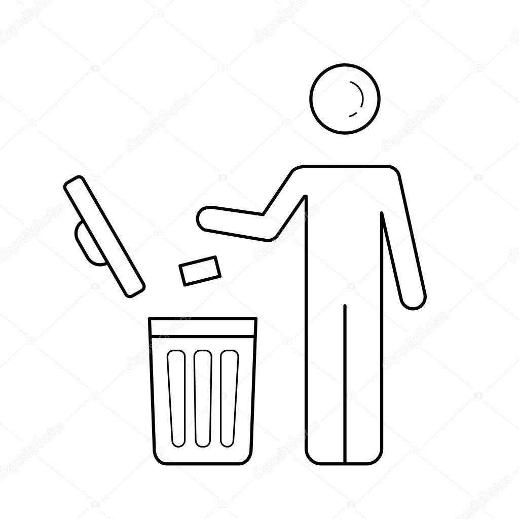 Man throwing garbage in trash bin vector line icon
