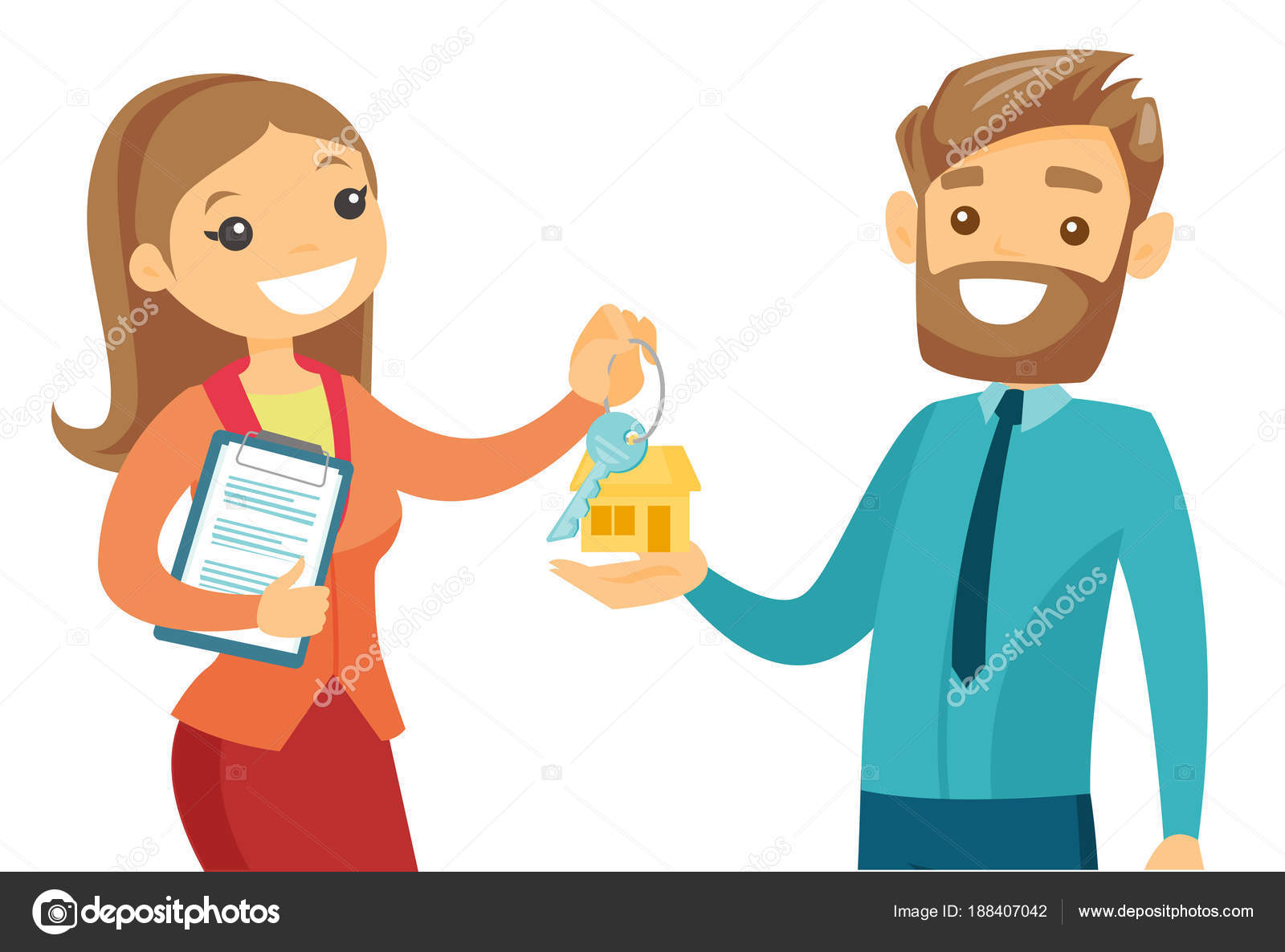 Image vectorielle Agent immobilier donnant la clé de la maison à un client  . par ©VisualGeneration - 188407042, image size:1600x1186