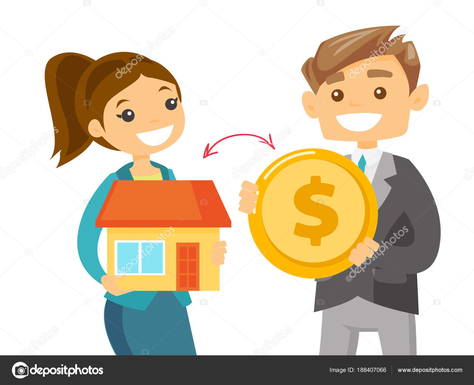 Agente inmobiliario intercambiando una casa por la moneda de un cliente  Vector de stock #188407066 de ©VisualGeneration, image size:1600x1298
