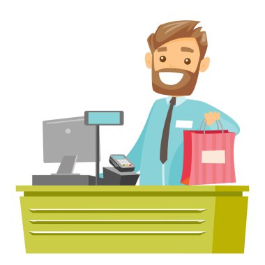 Beyaz beyaz kasiyer alışveriş çantası teslim etme.