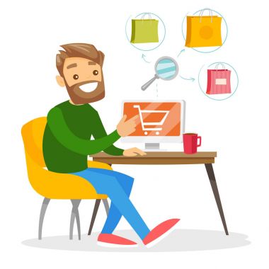 Genç beyaz beyaz adam alışveriş online.