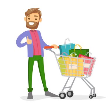 Beyaz Beyaz delikanlı ile alışveriş torbaları.