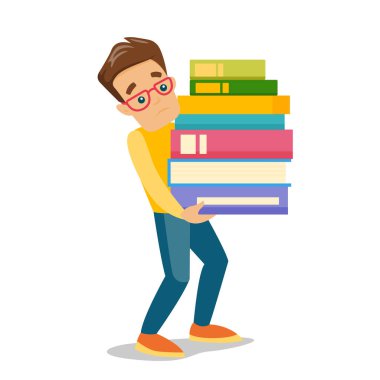 Ağır bir yığın kitap taşıyan üniversite öğrencisi.