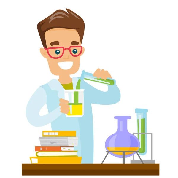 Student experiment in laboratorium klasse uitvoeren. — Stockvector