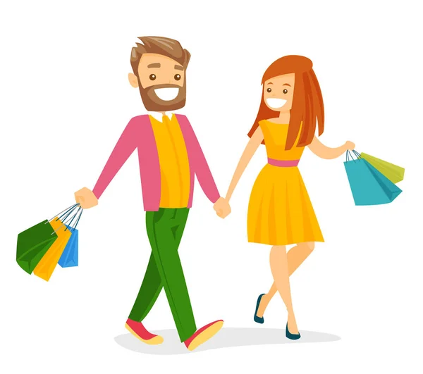 Caucasian white people walking with shopping bags. — Stock Vector