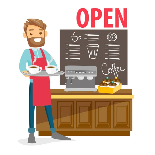 Barista standing next to the coffee machine. — Stock Vector