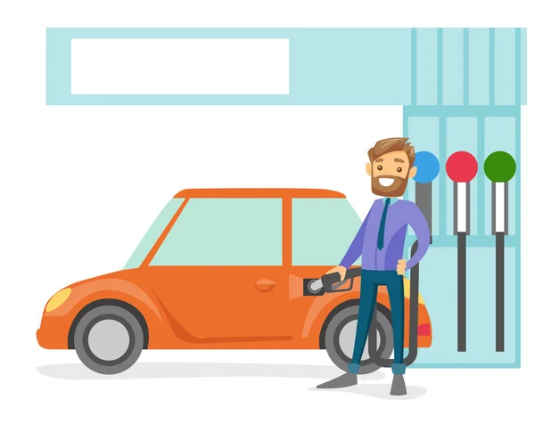 Man opvullen van brandstof in de auto bij een benzinestation. — Stockvector
